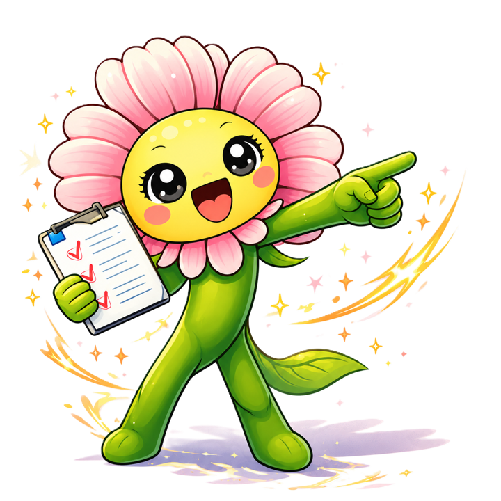 書類を手にしたマスコット、コスモスちゃん